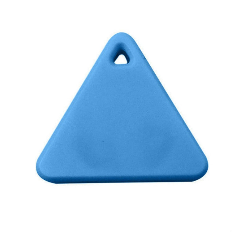 Blue triangular Bluetooth key finder tag with small hanging hole.
