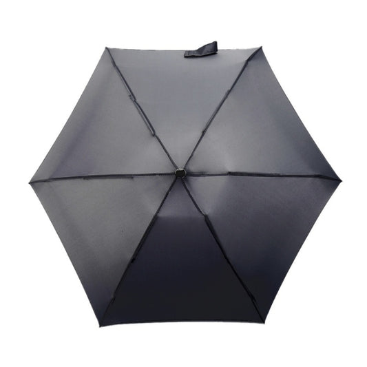 Black compact umbrella with cross-stitch panels and center hub, straight ribs.