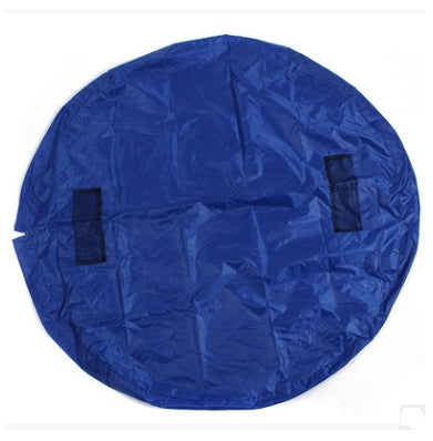 Blue round kids toy storage bag with drawstring closure and black carry straps