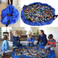 Blue round kids toy storage bag filled with small blocks, gathered for storage