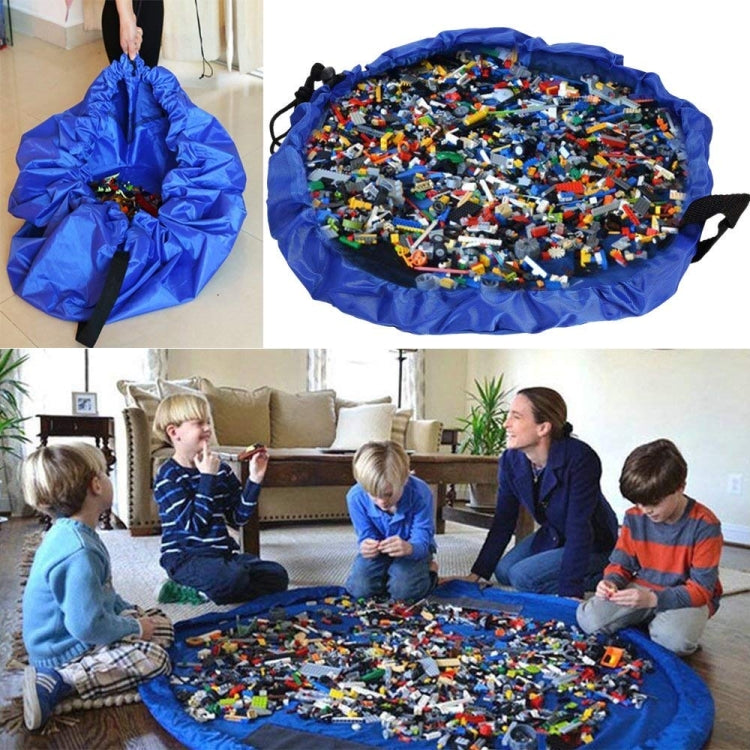 Blue round kids toy storage bag filled with small blocks, gathered for storage