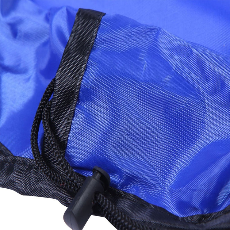 Blue fabric toy storage bag with black reinforced strap and drawstring cord