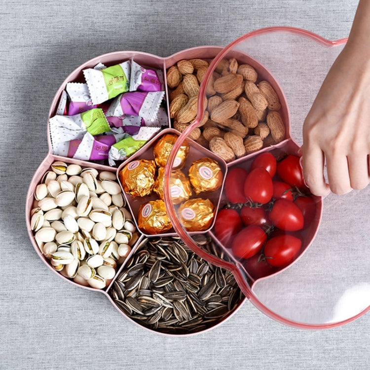 Pink flower-shaped snack storage box, divided tray compartments with snacks inside