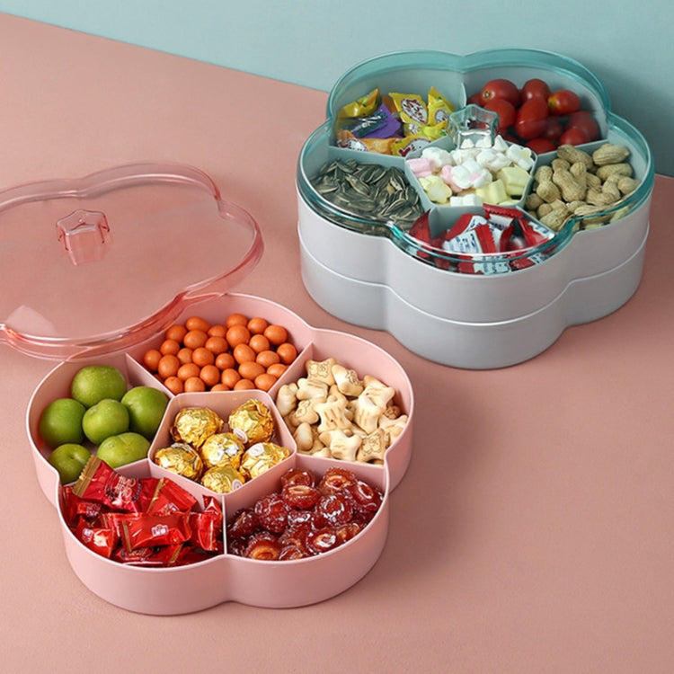 Two flower-shaped snack storage boxes: pink base and blue-gray base with lids