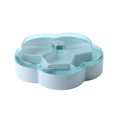 Flower-shaped snack storage box with transparent lid and inner dividers, blue-gray base