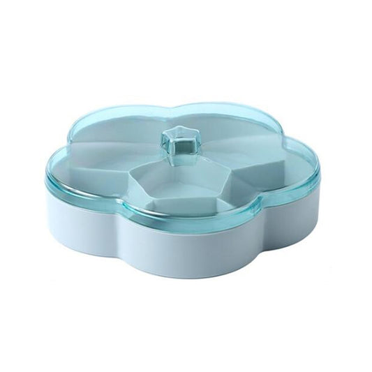 Flower-shaped snack storage box with transparent lid and inner dividers, blue-gray base