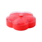 Red flower-shaped snack storage box with transparent lid and inner divider tray