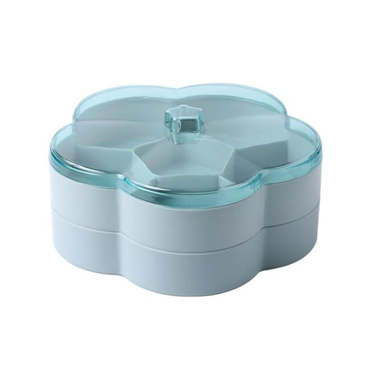 Flower-shaped snack storage box with transparent lid and inner dividers, blue-gray base