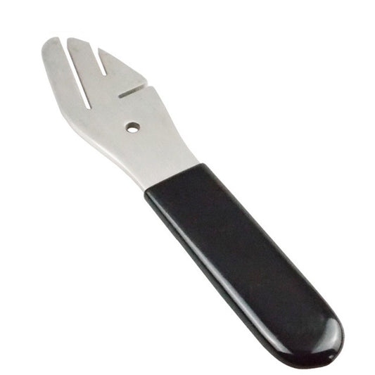 Disc brake adjustment tool with silver metal head, black grip, angled fork tips