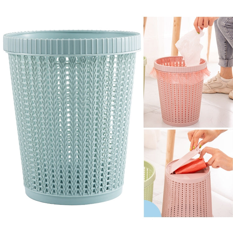 Removable plastic trash bin with lid, light blue woven pattern, showing bag removal