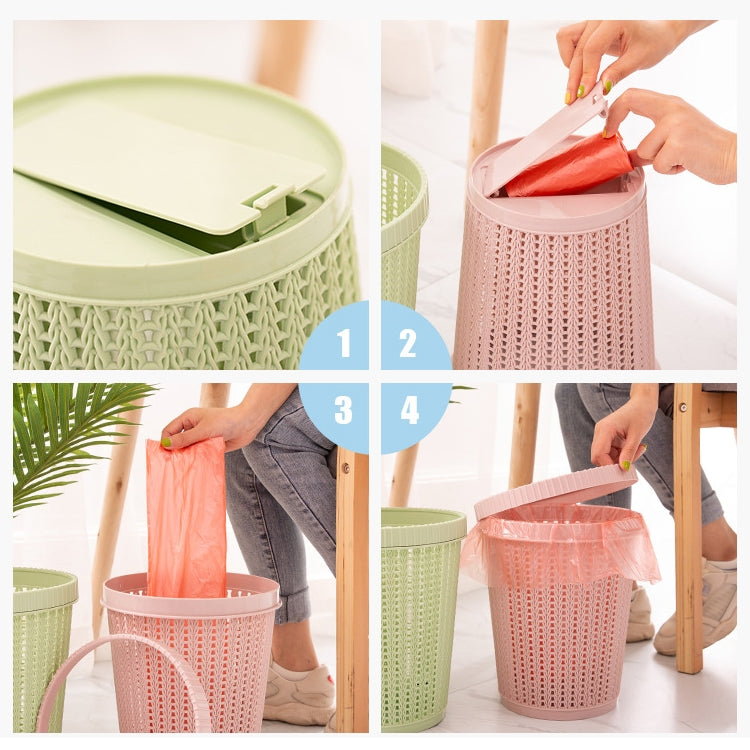 Removable plastic trash bin lid opening; pink and green bins shown with bags