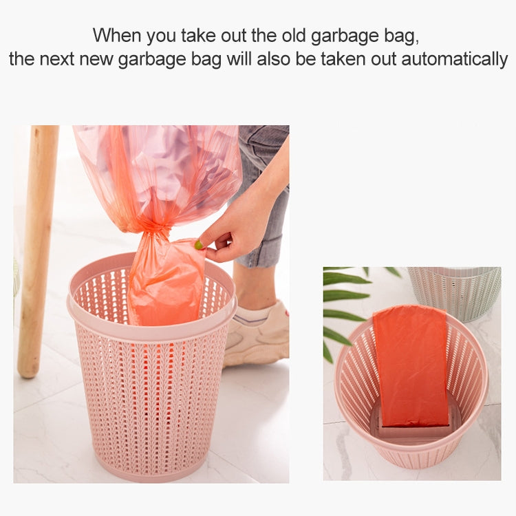 Removable plastic trash bin with lid and pink lining, bag being pulled out