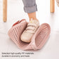 Removable plastic trash bin with lid, pink woven pattern, holding bag beside shoes