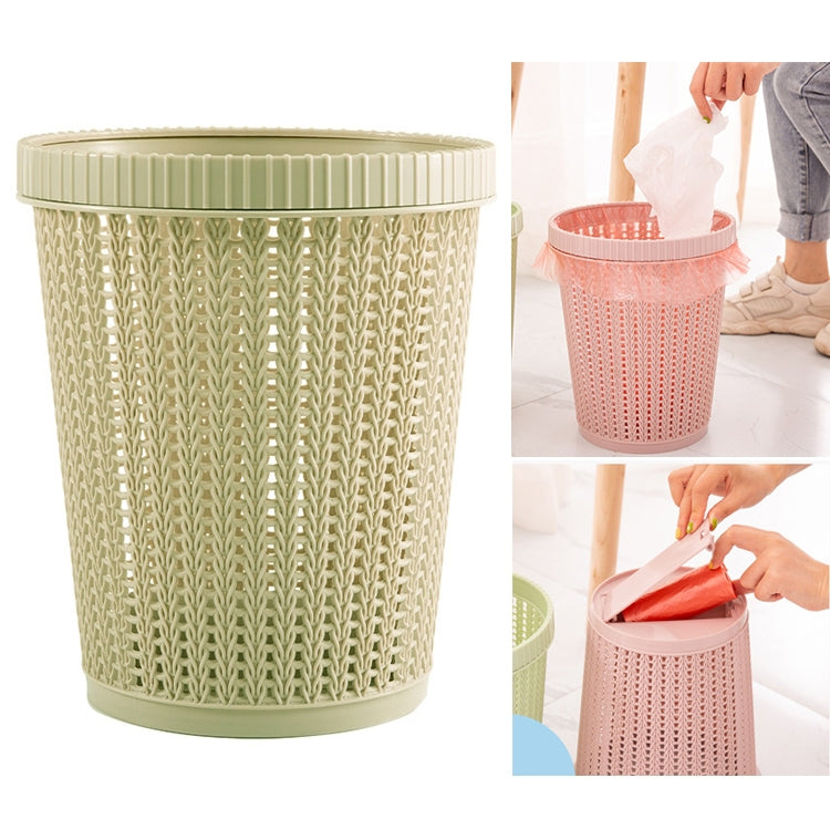 Removable plastic trash bin with lid, light green front and pink side view, bag shown