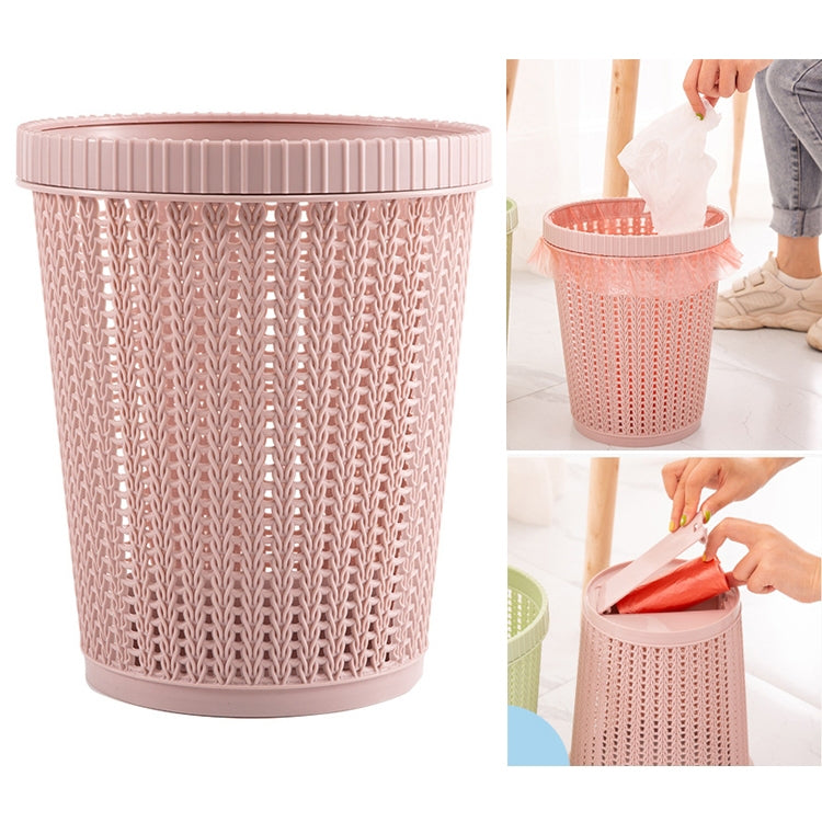 Removable plastic trash bin with lid, pink woven pattern, bag removal shown