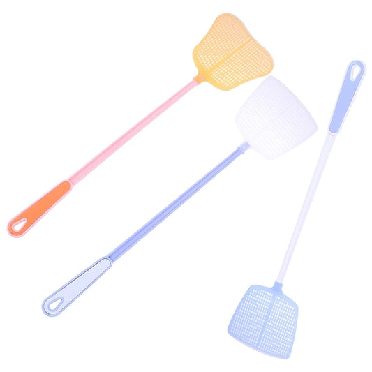 Plastic fly swatter with long handle, orange and blue mesh heads in assorted colors