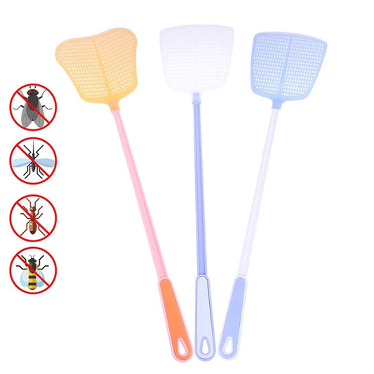 Plastic fly swatter with long handle, orange and blue mesh heads, 1 piece