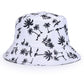 White bucket hat with black palm and animal print, wide brim