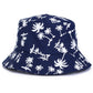Navy bucket hat with white palm and animal print, wide brim