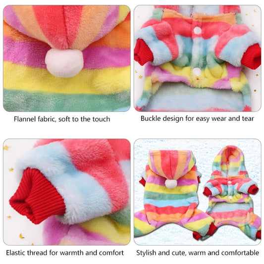 Fleece dog jumpsuit detail: hood pom, buckle closure, elastic cuffs, striped multicolor