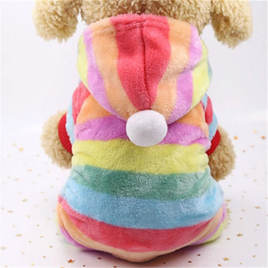 Rainbow striped fleece dog hooded jumpsuit with front pom pom and long sleeves