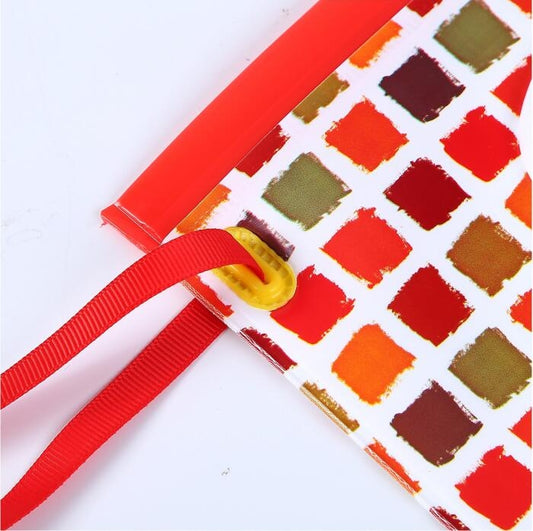 Portable wipes bag with flip lid, red check pattern, red carrying strap