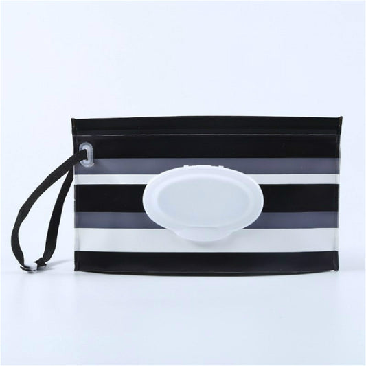 Portable EVA wipes bag with flip lid, black and gray stripes, wrist strap