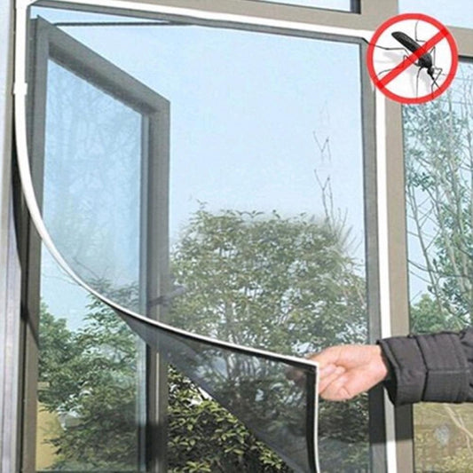 Black mosquito net screen mesh curtain with curved edge and hand installing on window
