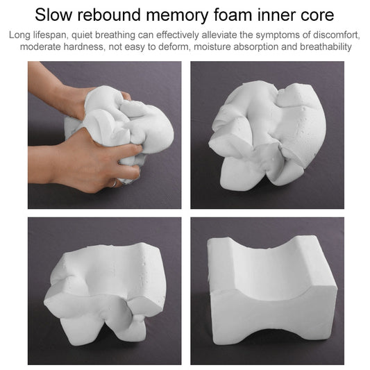White memory-foam knee wedge pillow with contoured shape shown from multiple angles