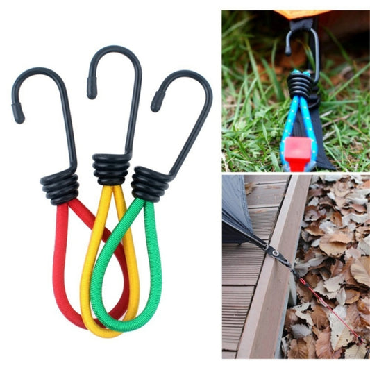 Elastic rope buckle straps with dark U hooks and red/yellow/green cords