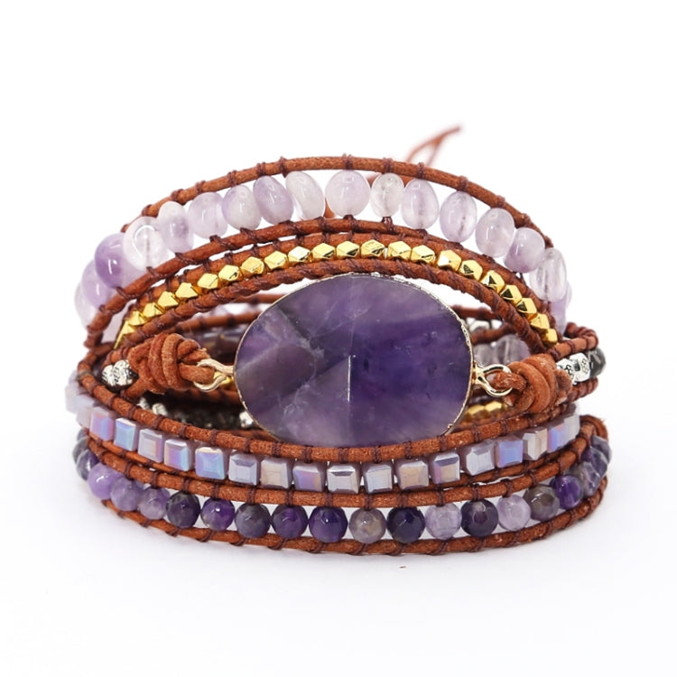Boho amethyst bead and leather wrap bracelet with oval purple pendant