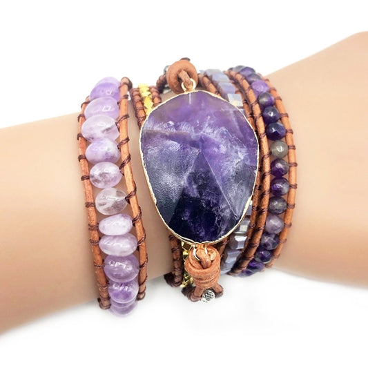 Purple amethyst pendant on multi-layer beaded wrap bracelet with leather ties