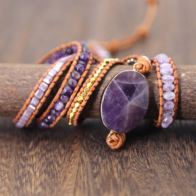 Amethyst wrap bracelet with stacked beaded rows and textured leather tassel knot