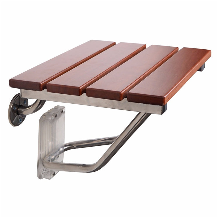 Wall-mounted folding shower chair with brown slat seat and silver metal support