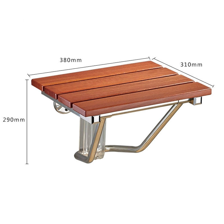 Wall-mounted shower chair with brown slat seat and curved chrome support legs