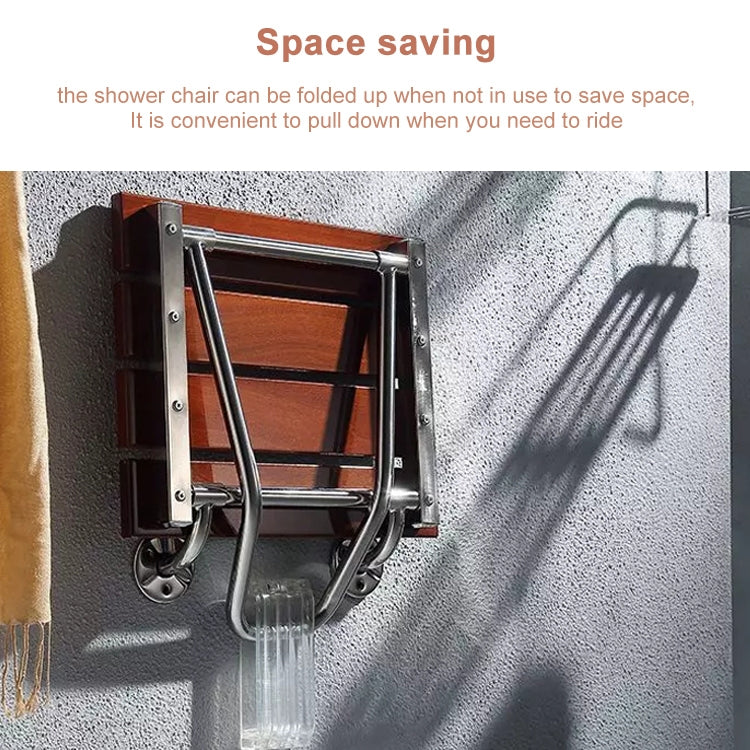 Folded wall-mounted shower chair with brown slat seat and chrome support bar