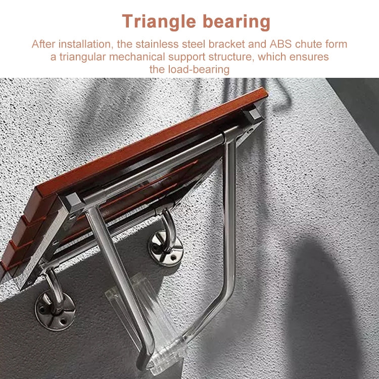Wall-mounted folding shower chair showing triangular metal support and brown seat