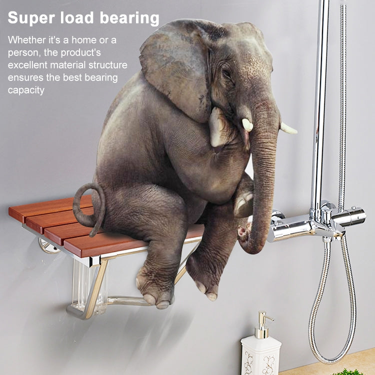 Wall-mounted shower chair with brown slat seat and silver frame arms
