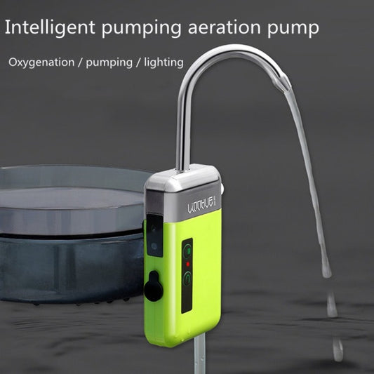 Compact water pump aerator with arched tube, lime green body and indicator lights