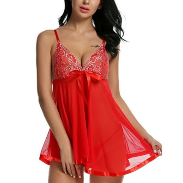 Red mesh nightdress with lace V-neck cups and ribbon bow, flared hem