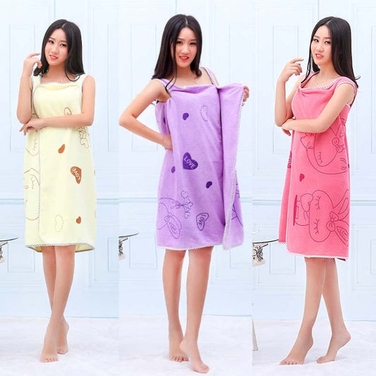 Wearable bath towel dress in light yellow, purple, and pink, sleeveless above-knee