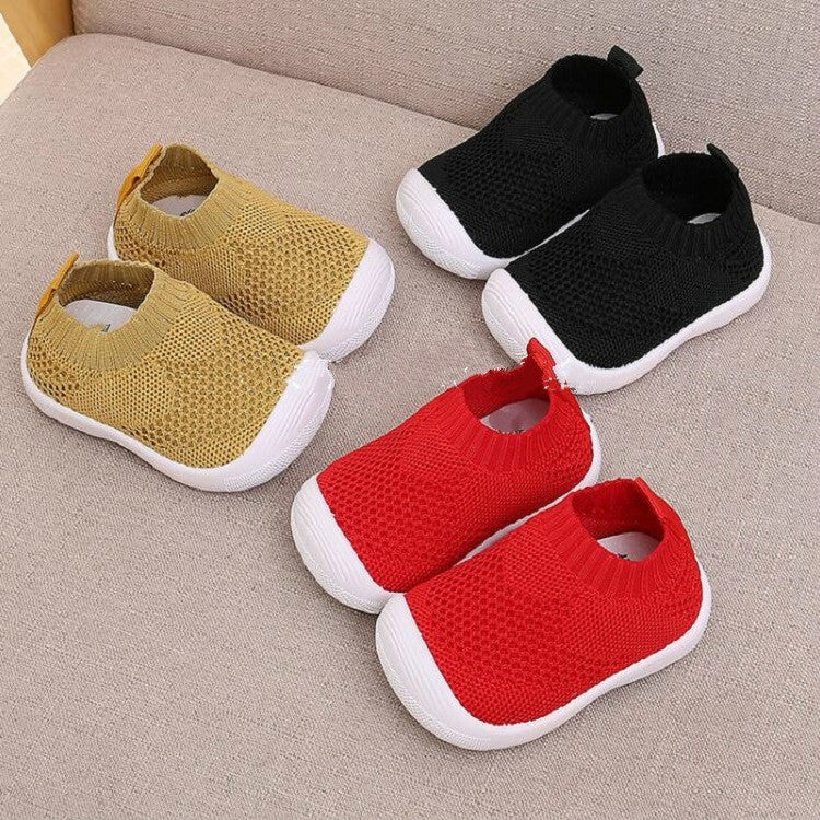 Infant toddler mesh slip-on shoes in khaki, black, and red with white soles