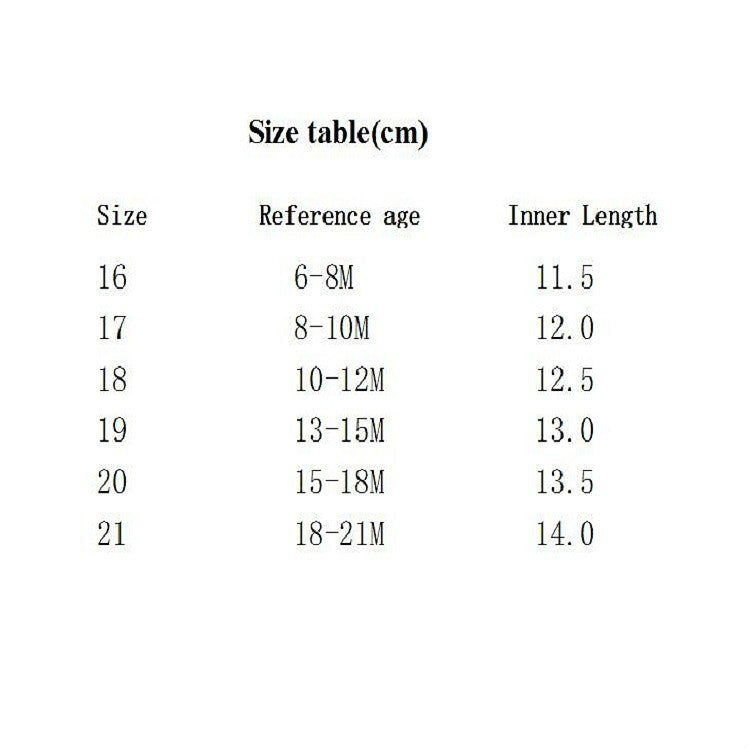 Size table showing reference age and inner length for infant toddler shoe sizes 16–21