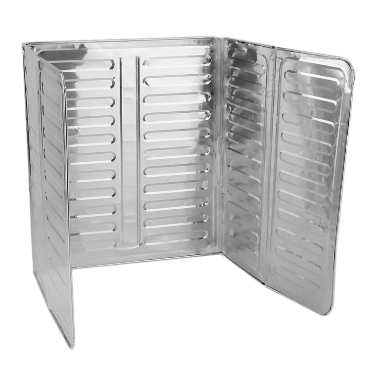 Folding stainless steel cooktop oil shield with louvered panels, hinged design