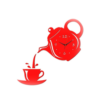 Red teapot-shaped acrylic wall clock with cup design, black clock face, red hands