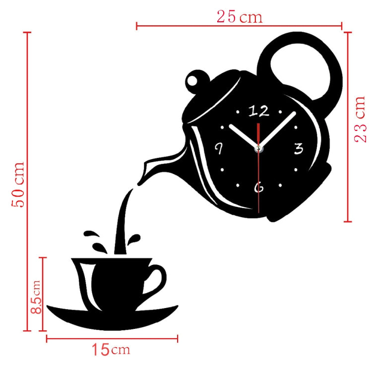 Black teapot-shaped acrylic wall clock with cup decal, dot markers, red hands