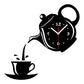 Black teapot-shaped acrylic wall clock with cup decal, dot markers, red hands