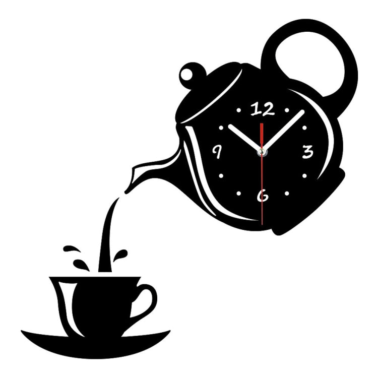 Black teapot-shaped acrylic wall clock with cup decal, dot markers, red hands