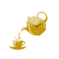 Gold teapot-shaped acrylic wall clock with cup decal, dot markers, black hands