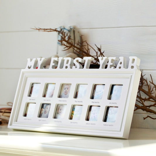 White baby memorial photo frame with "My First Year" letters and multiple photo windows
